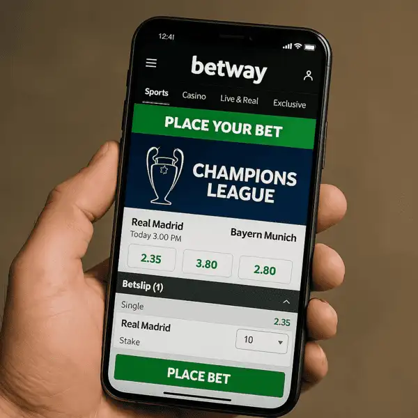 Square hero image: smartphone with Betway sportsbook interface and Champions League match coupon