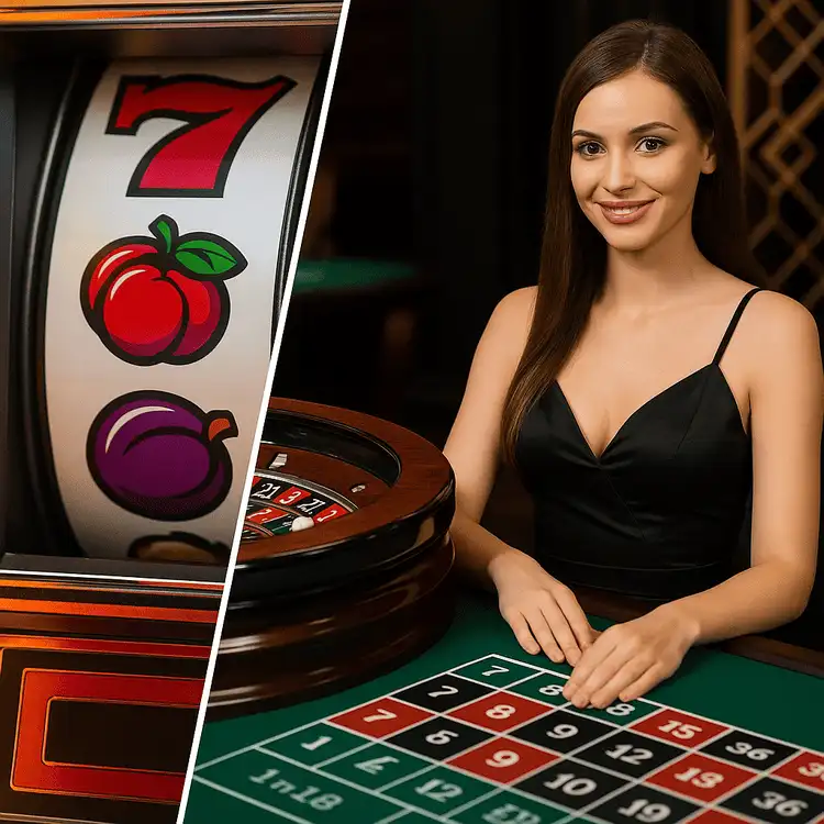 Square collage: slot reels, roulette wheel, live dealer table